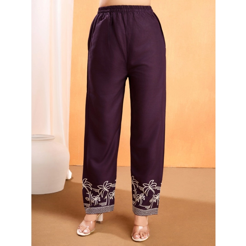 Women's Viscose Rayon Embroidered Chinese Collar Kurti with Pant Set (Wine) - Image 3