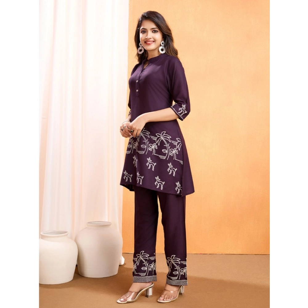 Women's Viscose Rayon Embroidered Chinese Collar Kurti with Pant Set (Wine) - Image 4