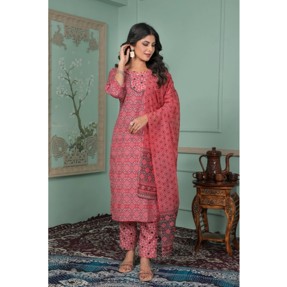 Women's Rayon Printed Round Neck Kurti with Pant and Dupatta Set (Pink) - Image 3