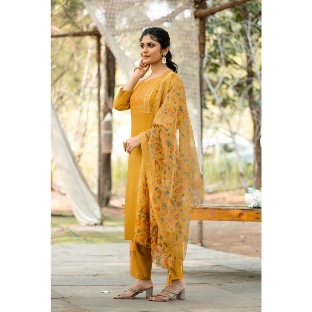 Women's Rayon Printed Round Neck Kurti with Pant and Dupatta Set (Mustard yellow) - Image 4