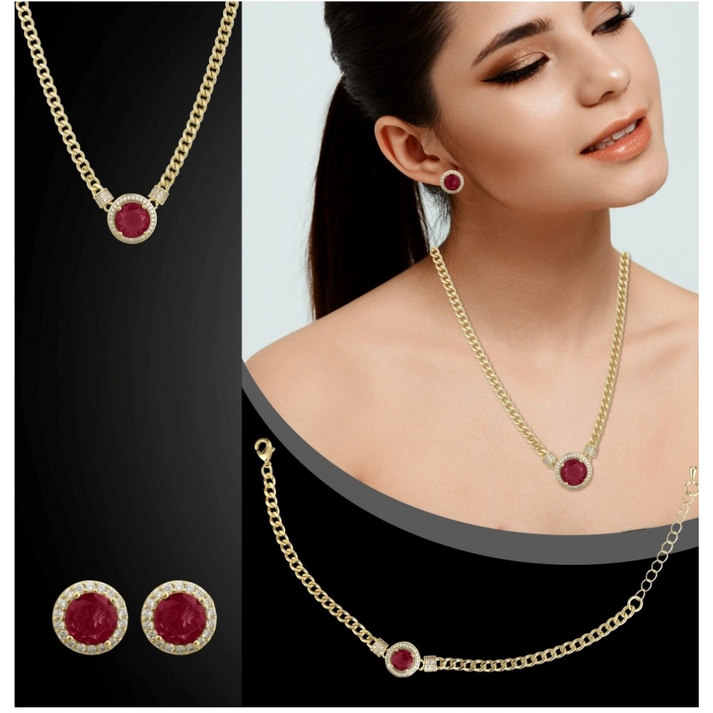 Women's Stainless Steel Red Color Golden Chain Western Combo Jewelry (Gold Plated) - Image 2