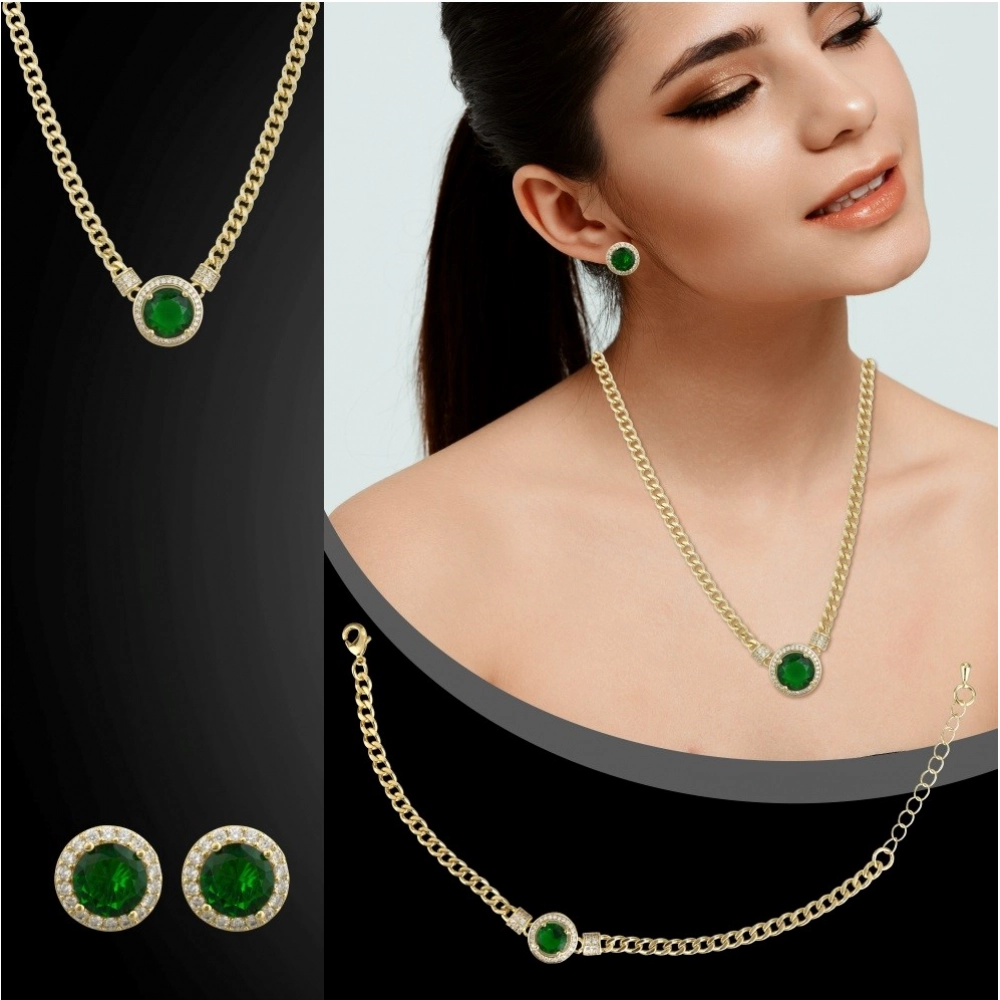 Women's Stainless Steel Green Color Golden Chain Western Combo Jewelry (Gold Plated) - Image 2