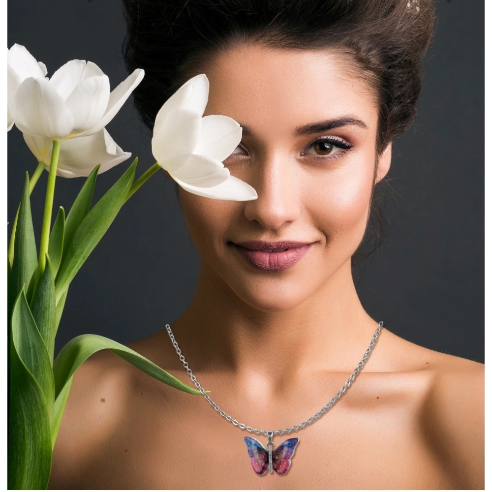 Women's Stainless Steel Colorful Butterfly Pendent Dailywear chain (Silver Plated) - Image 2