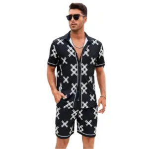 Men's Lycra Printed Half Sleeve Shirt and Shorts Set (Black )