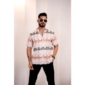 Men's Linen Printed Half Sleeve Shirt (Cream Orange)