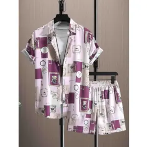 Men's Lycra Printed Half Sleeve Shirt and Shorts Set (Wine)