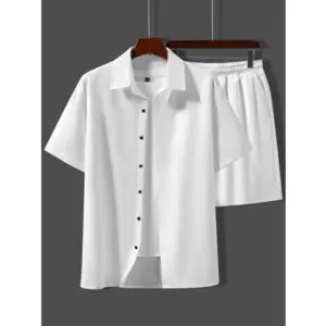 Men's Popcon Solid Half Sleeve Shirt and Shorts Set (White)