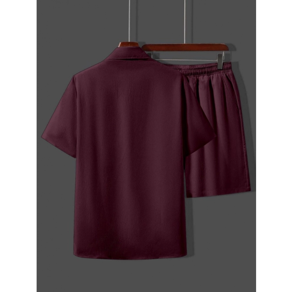 Men's Popcon Solid Half Sleeve Shirt and Shorts Set (Maroon) - Image 4