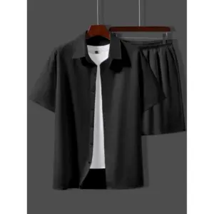 Men's Popcon Solid Half Sleeve Shirt and Shorts Set (Black)