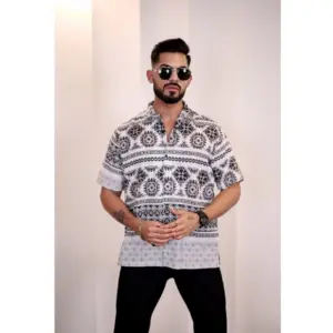 Men's Linen Printed Half Sleeve Shirt (Black White)