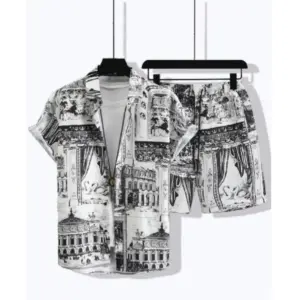 Men's Lycra Printed Half Sleeve Shirt and Shorts Set (White)