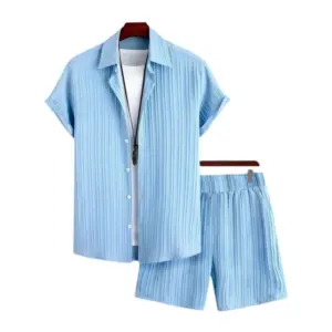 Men's Popcon Striped Half Sleeve Shirt and Shorts Set (Blue)
