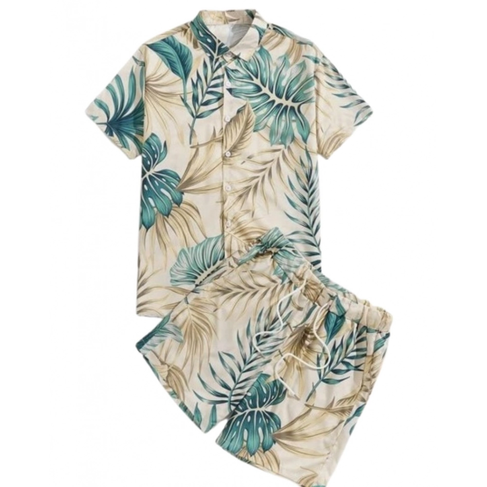 Men's Lycra Printed Half Sleeve Shirt and Shorts Set (Aqua Green)