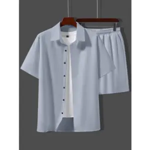 Men's Popcon Solid Half Sleeve Shirt and Shorts Set (Light Blue)