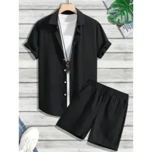 Men's Popcon Striped Half Sleeve Shirt and Shorts Set (Black)