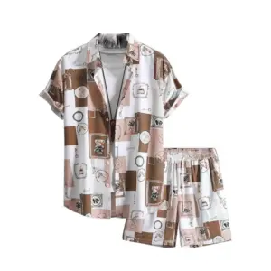 Men's Lycra Printed Half Sleeve Shirt and Shorts Set (Cream)