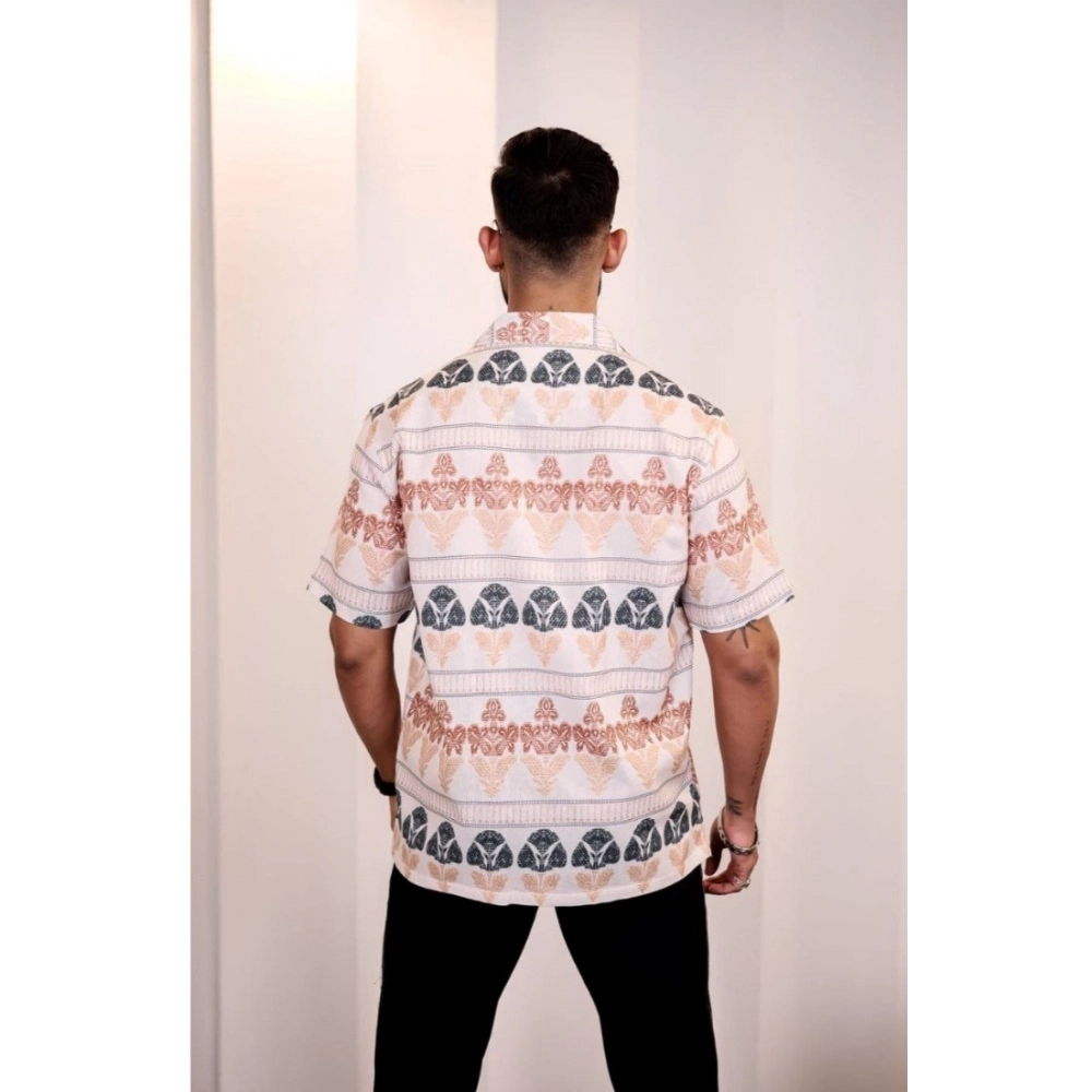 Men's Linen Printed Half Sleeve Shirt (Cream Orange) - Image 4