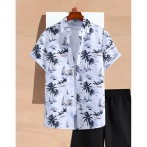 Men's Lycra Printed Half Sleeve Shirt and Shorts Set (White)