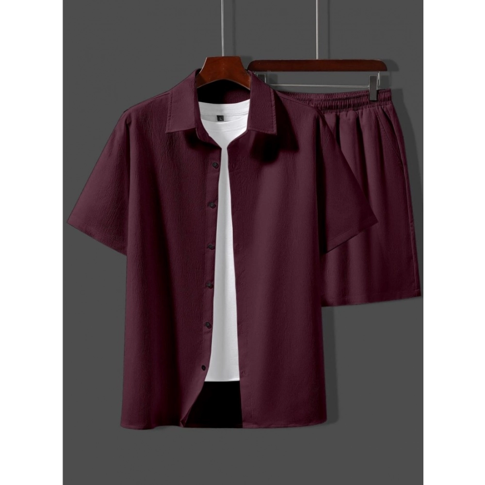 Men's Popcon Solid Half Sleeve Shirt and Shorts Set (Maroon)
