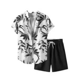 Men's Lycra Printed Half Sleeve Shirt and Shorts Set (White Black)