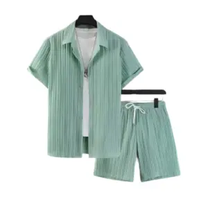 Men's Popcon Striped Half Sleeve Shirt and Shorts Set (Green)