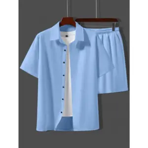 Men's Popcon Solid Half Sleeve Shirt and Shorts Set (Sky Blue)