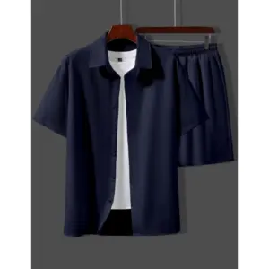 Men's Popcon Solid Half Sleeve Shirt and Shorts Set (Dark Blue)