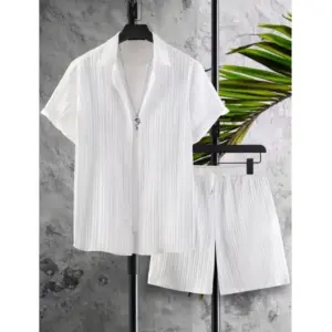 Men's Popcon Striped Half Sleeve Shirt and Shorts Set (White)