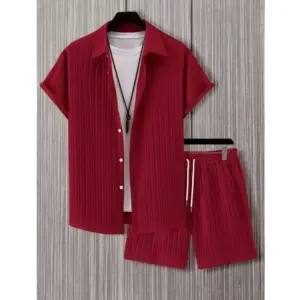 Men's Popcon Striped Half Sleeve Shirt and Shorts Set (Maroon)