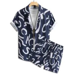 Men's Lycra Printed Half Sleeve Shirt and Shorts Set (Blue)