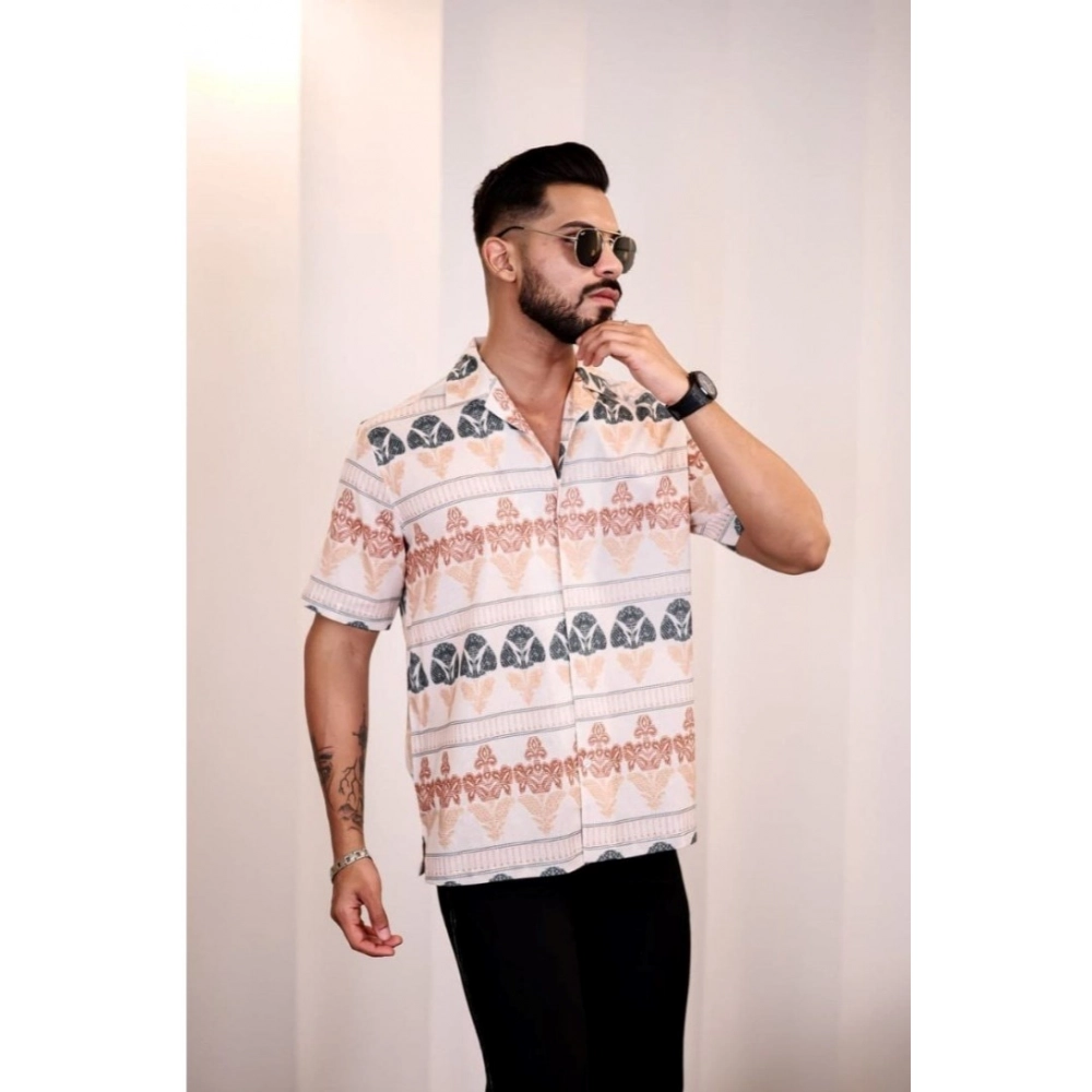 Men's Linen Printed Half Sleeve Shirt (Cream Orange) - Image 3