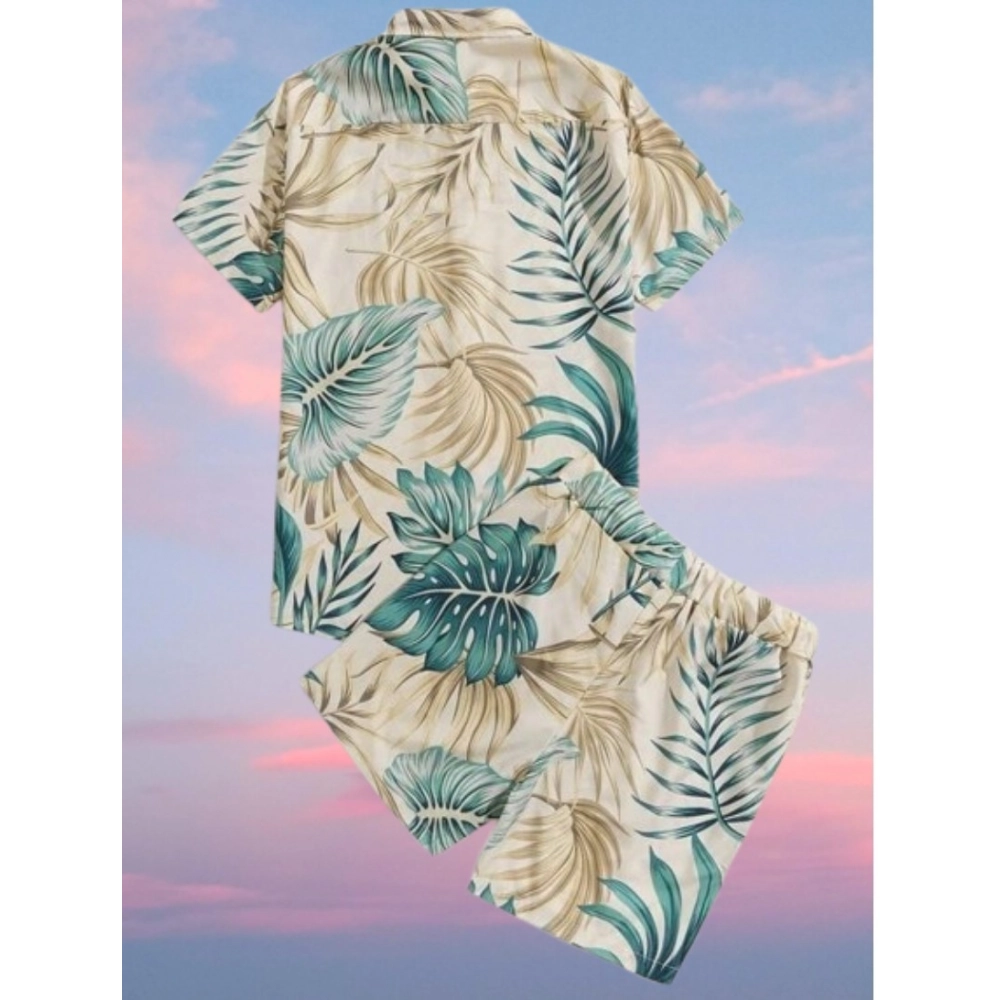 Men's Lycra Printed Half Sleeve Shirt and Shorts Set (Aqua Green) - Image 3