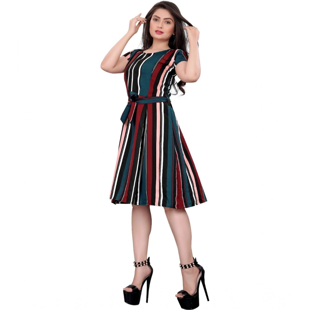 Women's Crep Striped Short Sleeve Dress (Red-Blue ) - Image 3