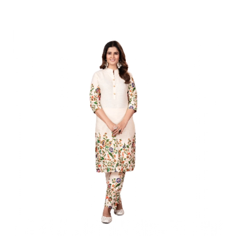 Women's Cotton Printed 3/4th Sleeve Kurti With Pant (Cream ) - Image 4