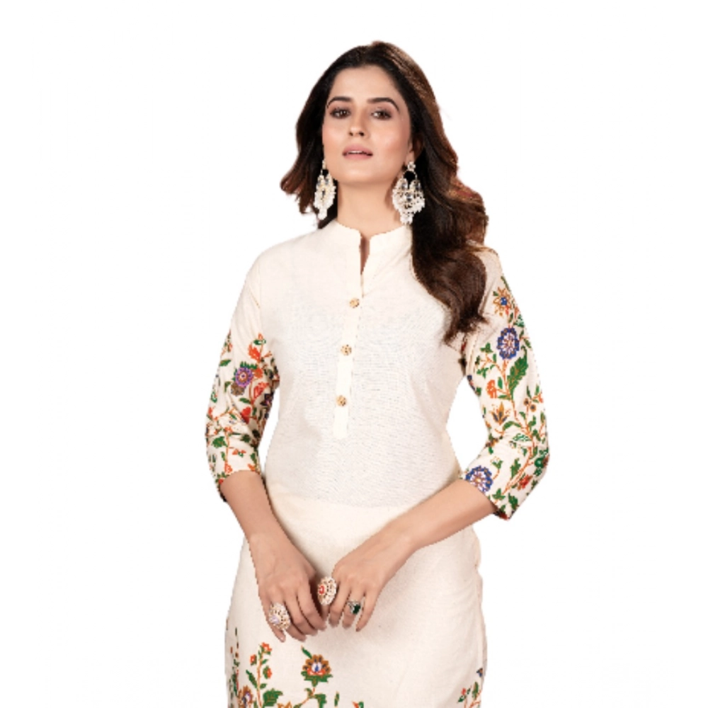 Women's Cotton Printed 3/4th Sleeve Kurti With Pant (Cream )