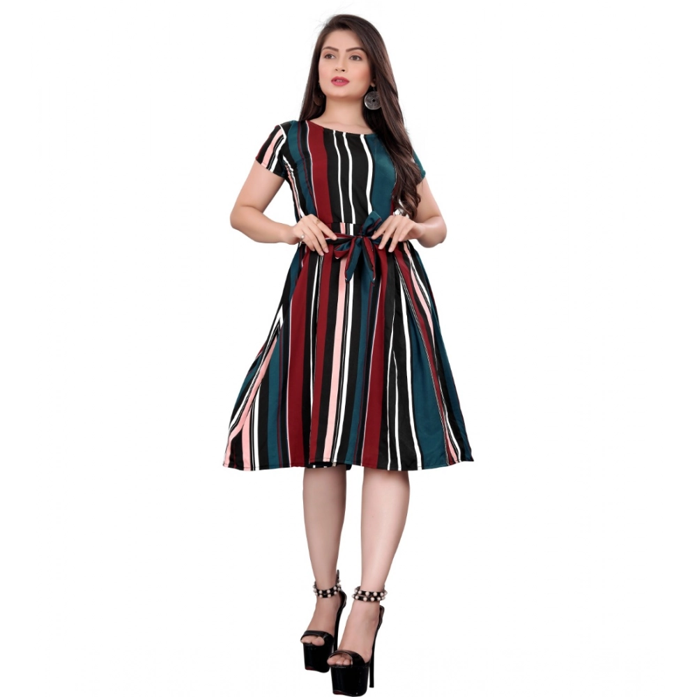 Women's Crep Striped Short Sleeve Dress (Red-Blue ) - Image 4