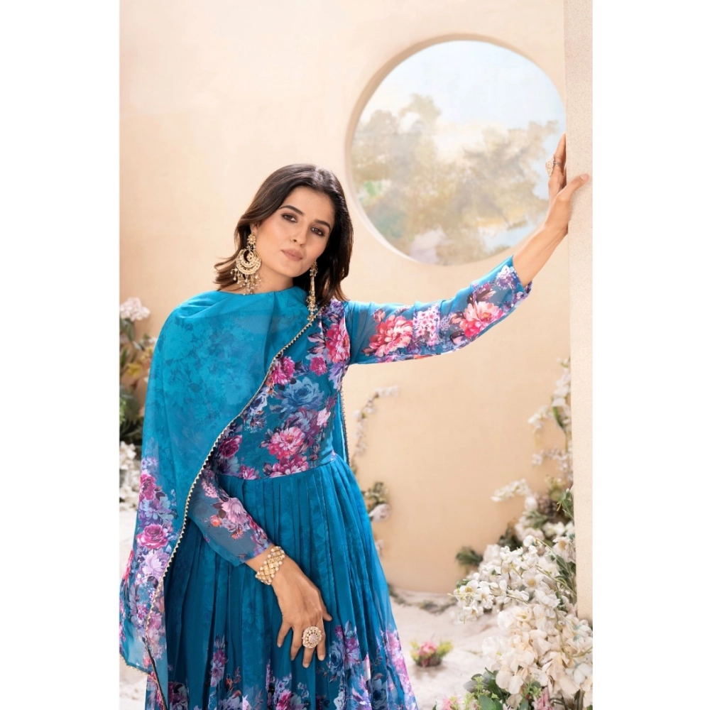 Women's Georgette Printed 3/4th Sleeve Kurti With Pant And Dupatta Set (Blue) - Image 3