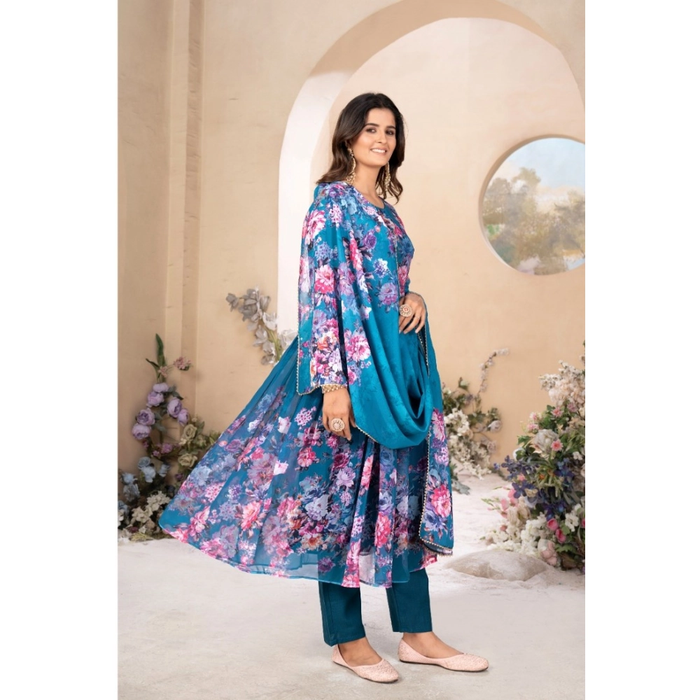 Women's Georgette Printed 3/4th Sleeve Kurti With Pant And Dupatta Set (Blue) - Image 4
