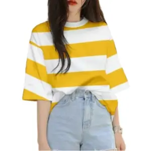 Women's Lycra Striped Round Neck Short Sleeve T-Shirt (White-Yellow)