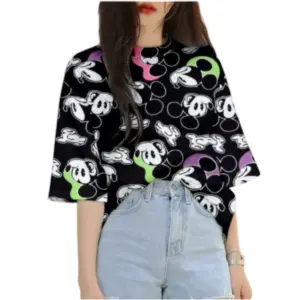 Women's Lycra Printed Round Neck Short Sleeve T-Shirt (Black)