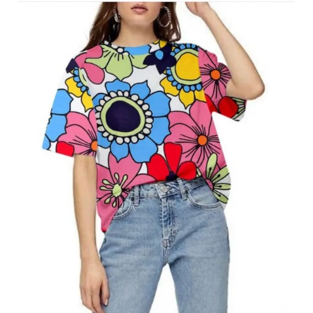 Women's Lycra Printed Round Neck Short Sleeve T-Shirt (Multicolor)