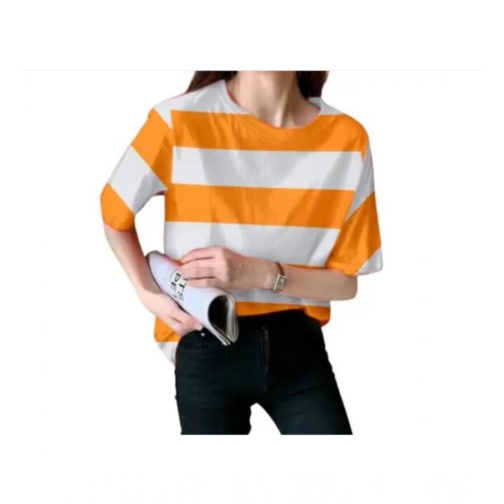 Women's Lycra Striped Round Neck Short Sleeve T-Shirt (White-Orange) - Image 3