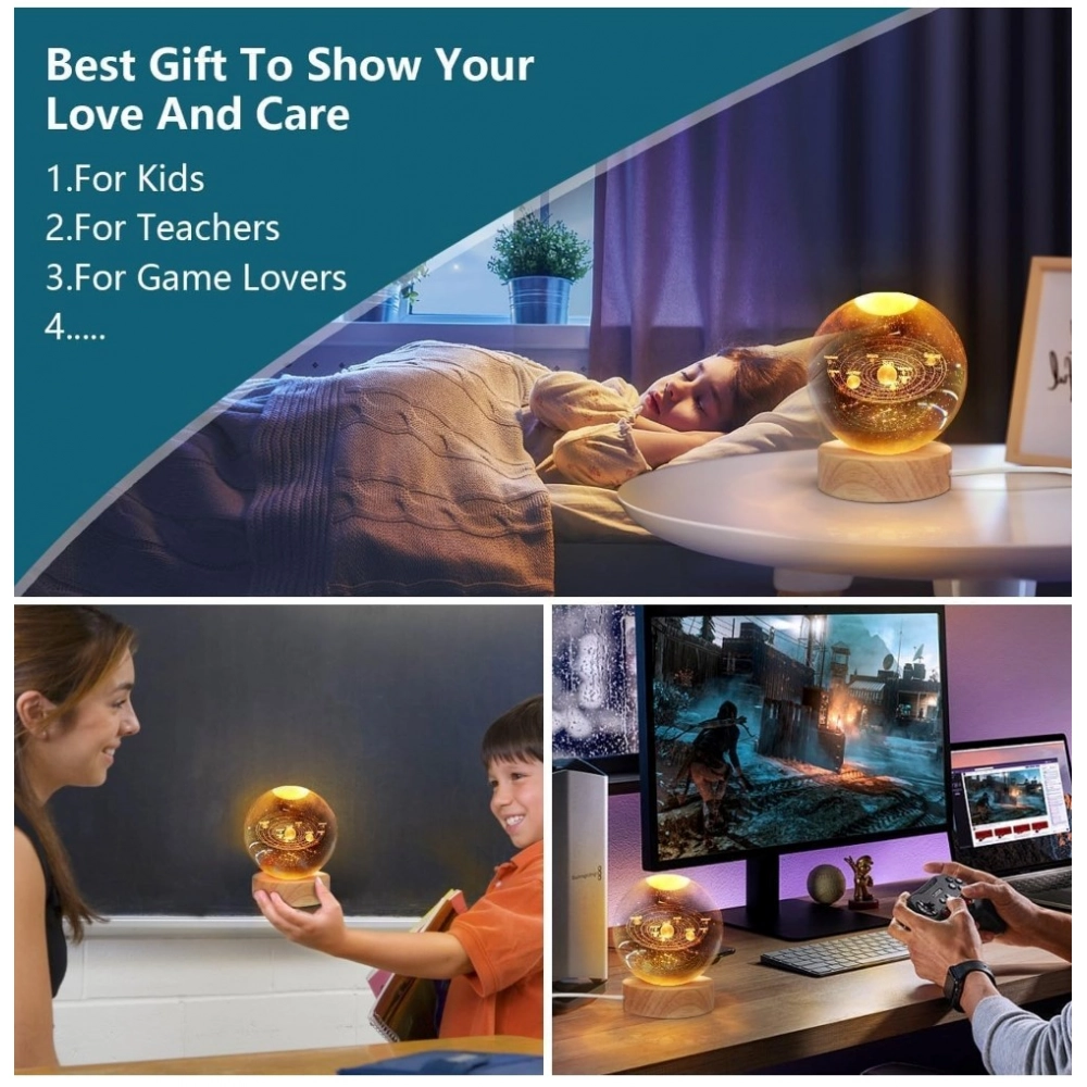 Wood 3D Galaxy Crystal Ball Night Lamp Colorful LED Wooden for Solar System (Transparent) - Image 2