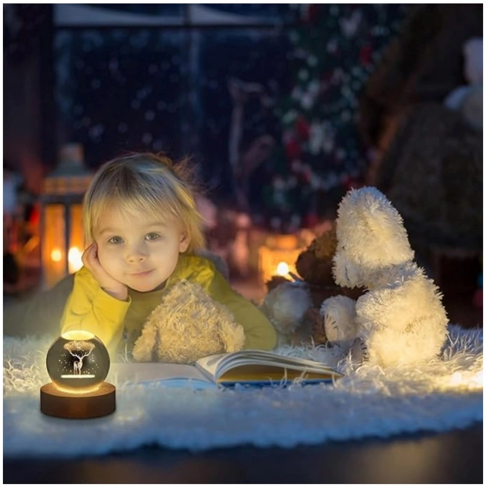 Wood 3D Galaxy Crystal Ball Night Lamp Colorful LED Wooden for Deer (Transparent) - Image 2