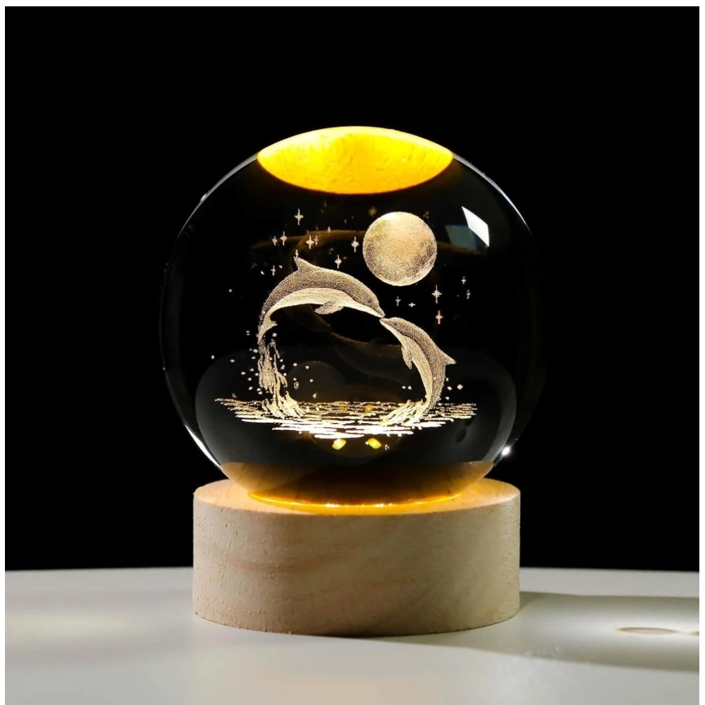 Wood 3D Galaxy Crystal Ball Night Lamp Colorful LED Wooden Dolphin with Moon (Transparent)