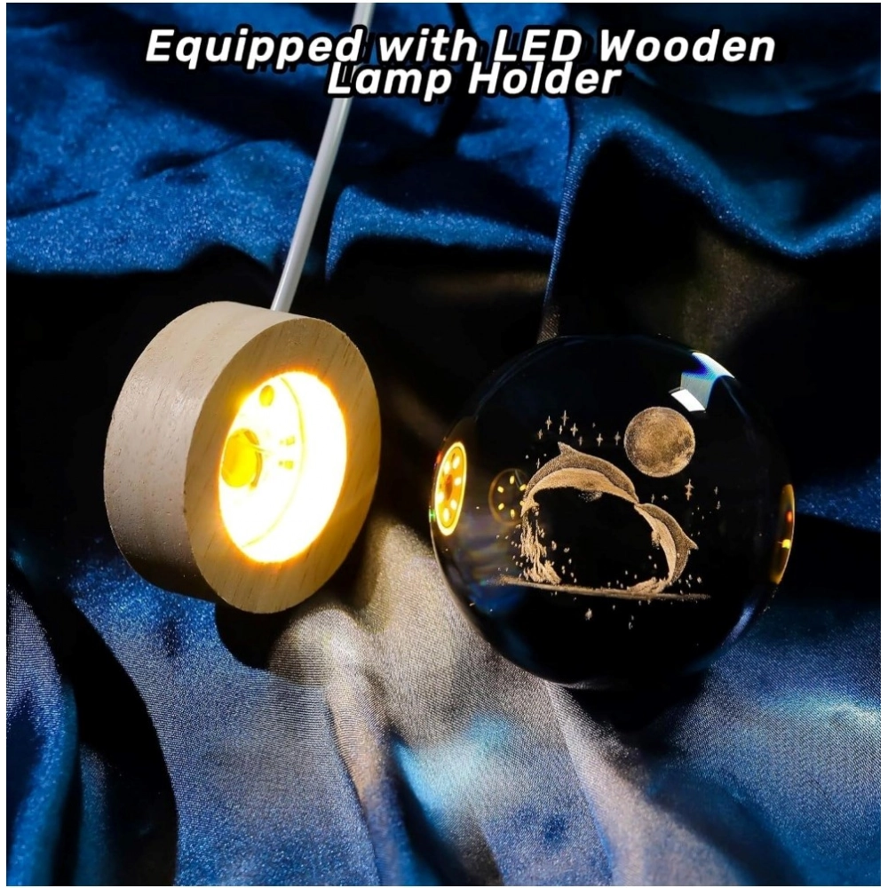 Wood 3D Galaxy Crystal Ball Night Lamp Colorful LED Wooden Dolphin with Moon (Transparent) - Image 3