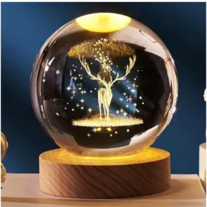 Wood 3D Galaxy Crystal Ball Night Lamp Colorful LED Wooden for Deer (Transparent)