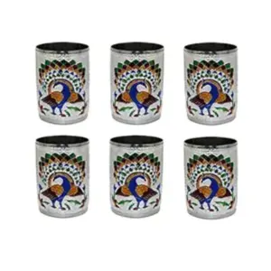 Steel Meenakari Peacock Design Decorative Glass Set (Silver)