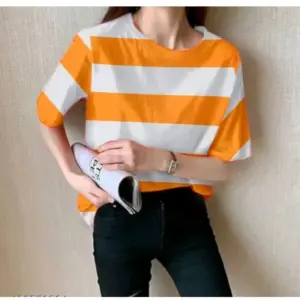 Women's Lycra Striped Round Neck Short Sleeve T-Shirt (White-Orange)