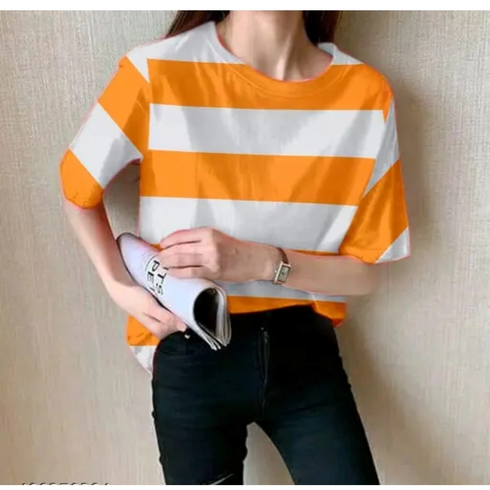 Women's Lycra Striped Round Neck Short Sleeve T-Shirt (White-Orange)